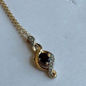 Red stone & clear crystal necklace / gold tone/ measures 19 + 3 in length